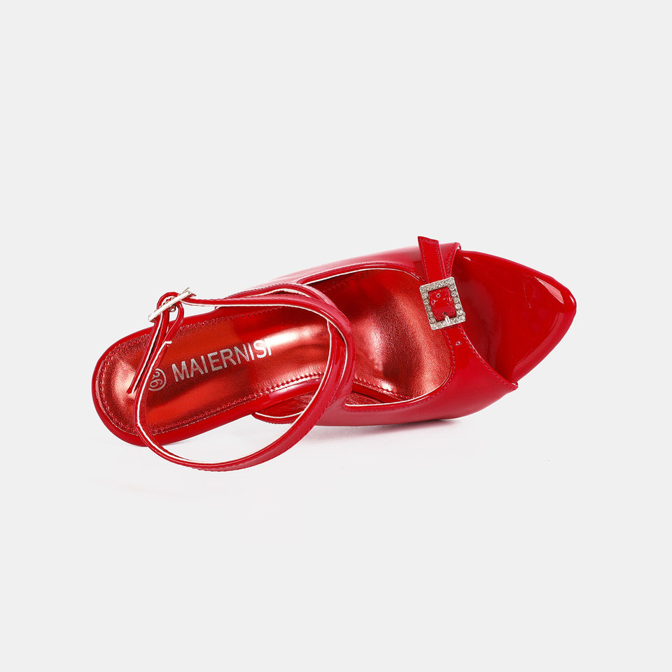 Sandal cao gót nữ quai ngang mũi nhọn hở mũi, da bóng, gót siêu cao — Màu be, Màu bạc, Màu trắng, Màu tím chi tiết 3