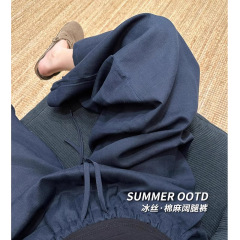 女性用ネイビーブルーリネンワイドレッグパンツ、夏用薄手ハイウエストドレープ、小柄な人向けのゆったりとしたレイジースタイルのコットンとリネンのスモールパンツ