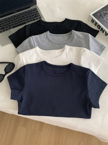 Slimming Round Neck Regular Shoulder Women's T-shirt 2024 Summer New Basic Matchable Solid Color Cotton Base Short Sleeve