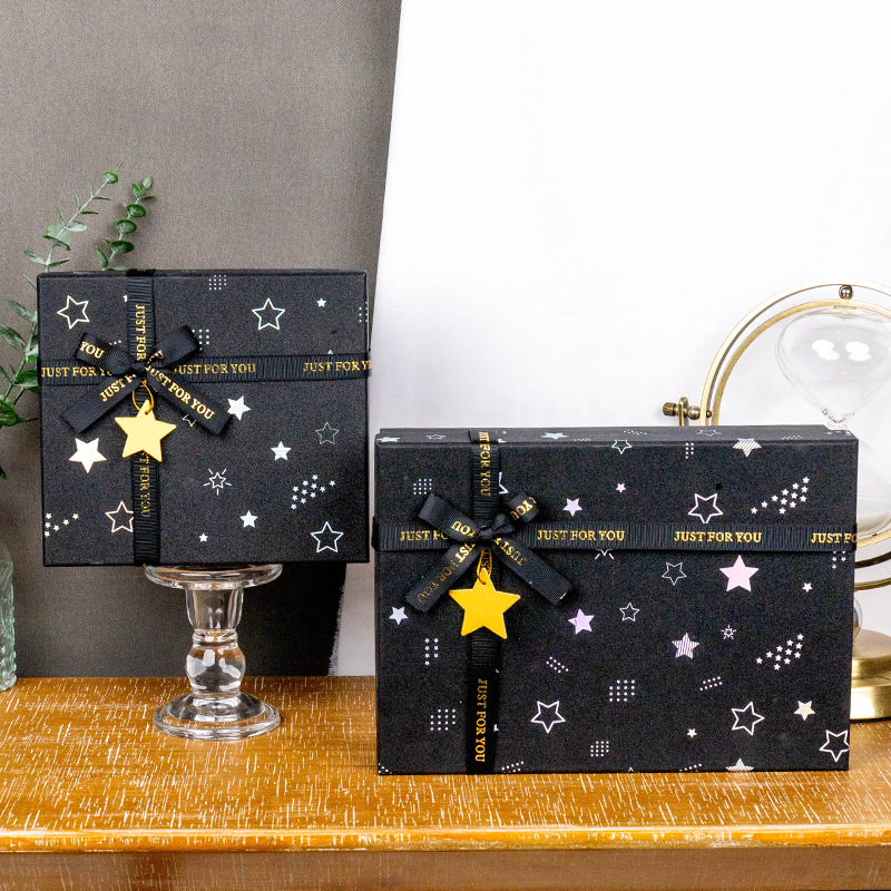 Caja de regalo negra con diseño de cielo estrellado, caja de regalo de cosméticos de alta gama, caja de regalo de cumpleaños, caja de regalo con tapa y base, caja de embalaje.