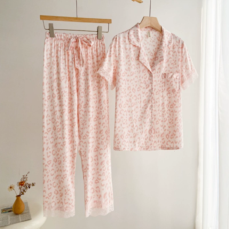 Маленькая Красная книга рекомендует пикантную пижаму с розовым леопардовым принтом из ледяного шелка, женский тонкий костюм из двух предметов с короткими рукавами, Высококачественная Домашняя одежда на лето