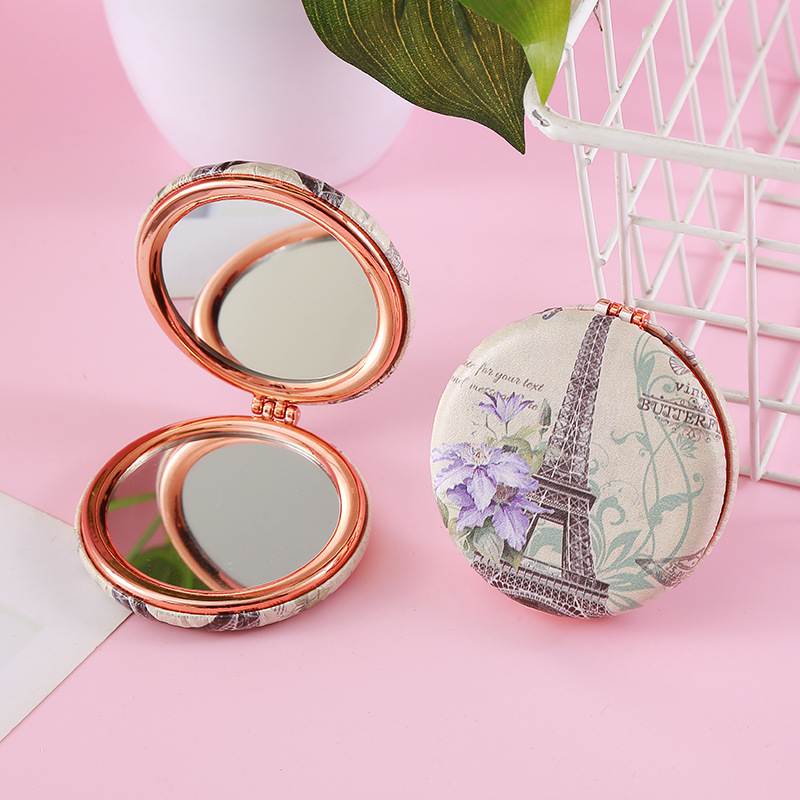 Nueva moda ronda pan espejo de luz de lujo de gama alta de maquillaje plegable espejo portátil grueso de doble cara pu espejo de maquillaje