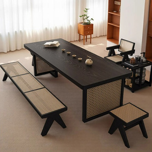 Quiet Style Black Solid Wood Rattan Tea Table Tea Art Club Hall Reception Zen Chair Carbonized Black Tea Table and Chair Combination