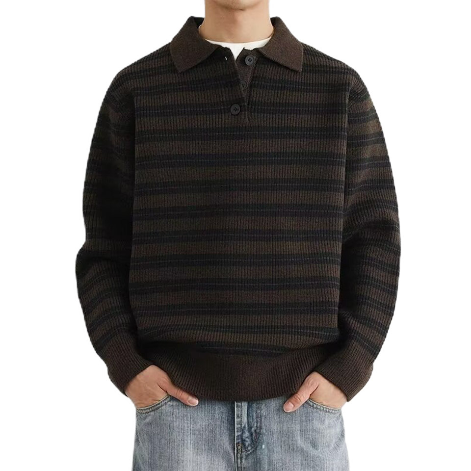 Explosiones transfronterizas de tamaño grande europeo polo camiseta con solapa camiseta de punto suéter hombre rayas viejo viento de otoño y invierno fábrica al por mayor