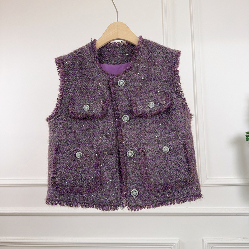 2025 New Style Tweed Vest with Sequins, Diamond Buttons, Raw Edges, Sleeveless Vest Jacket for Women