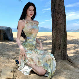 2026雏菊和虞美人法式露肩油画连衣裙女夏蕾丝包臀长裙度假长裙