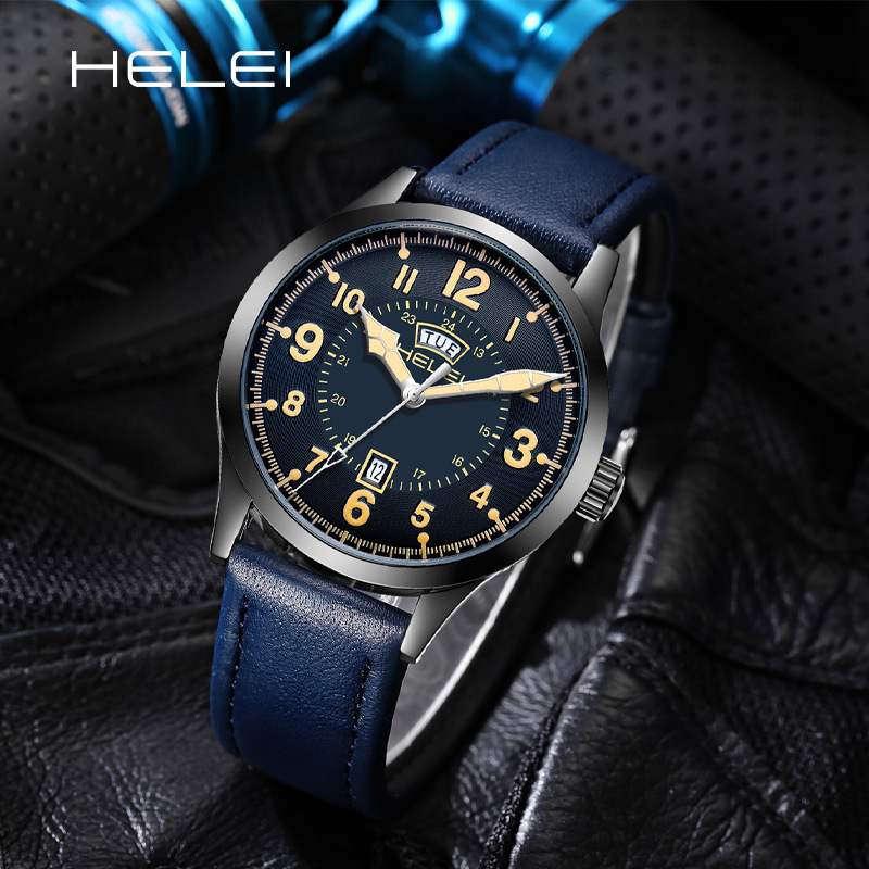 HELEI Here foreign trade new men's watch leather waterproof watch Xiyin hot quartz watch a generation of H9019
