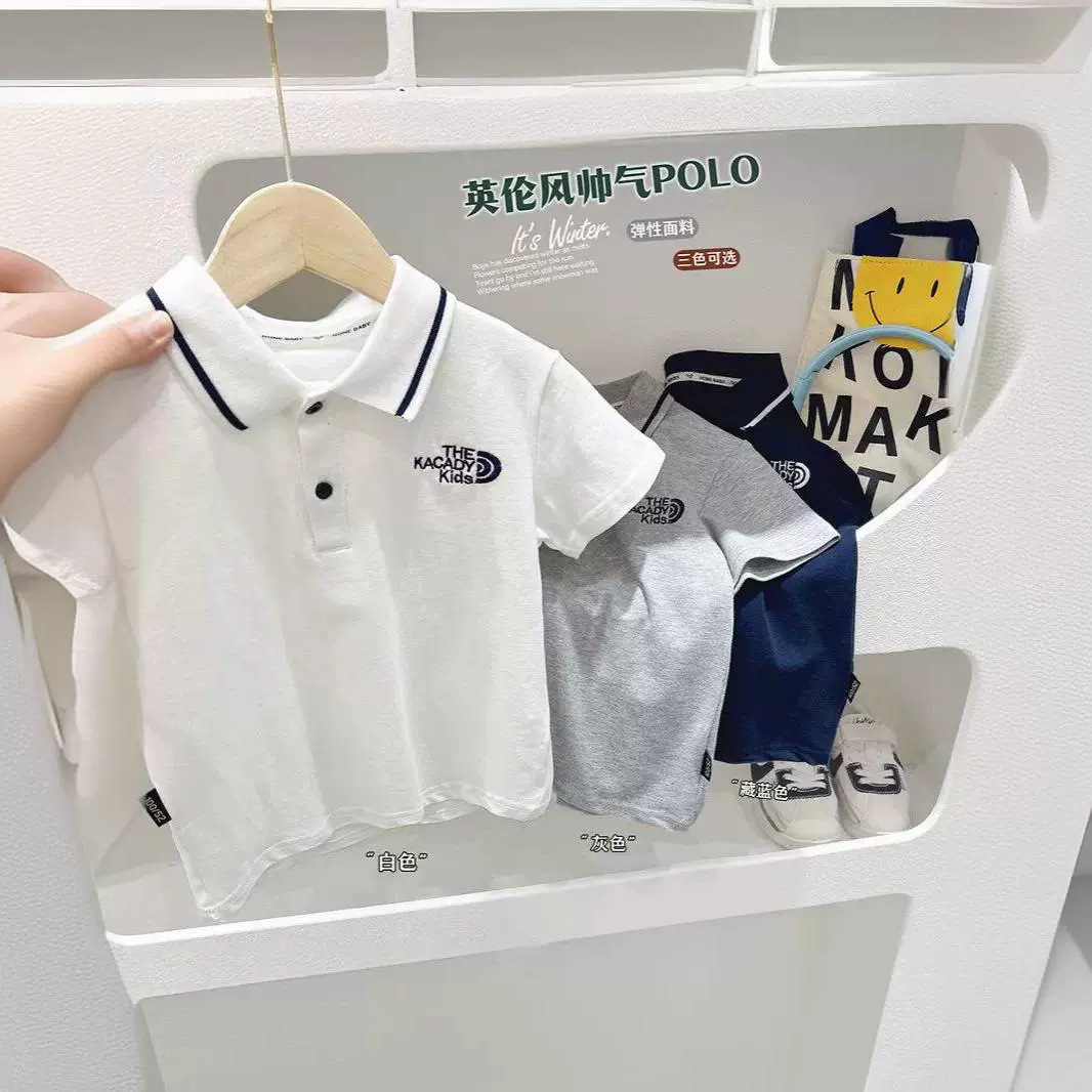 Boys' short-sleeved polo shirt, collared t-shirt, summer children's clothing, baby short-sleeved stylish letter top.