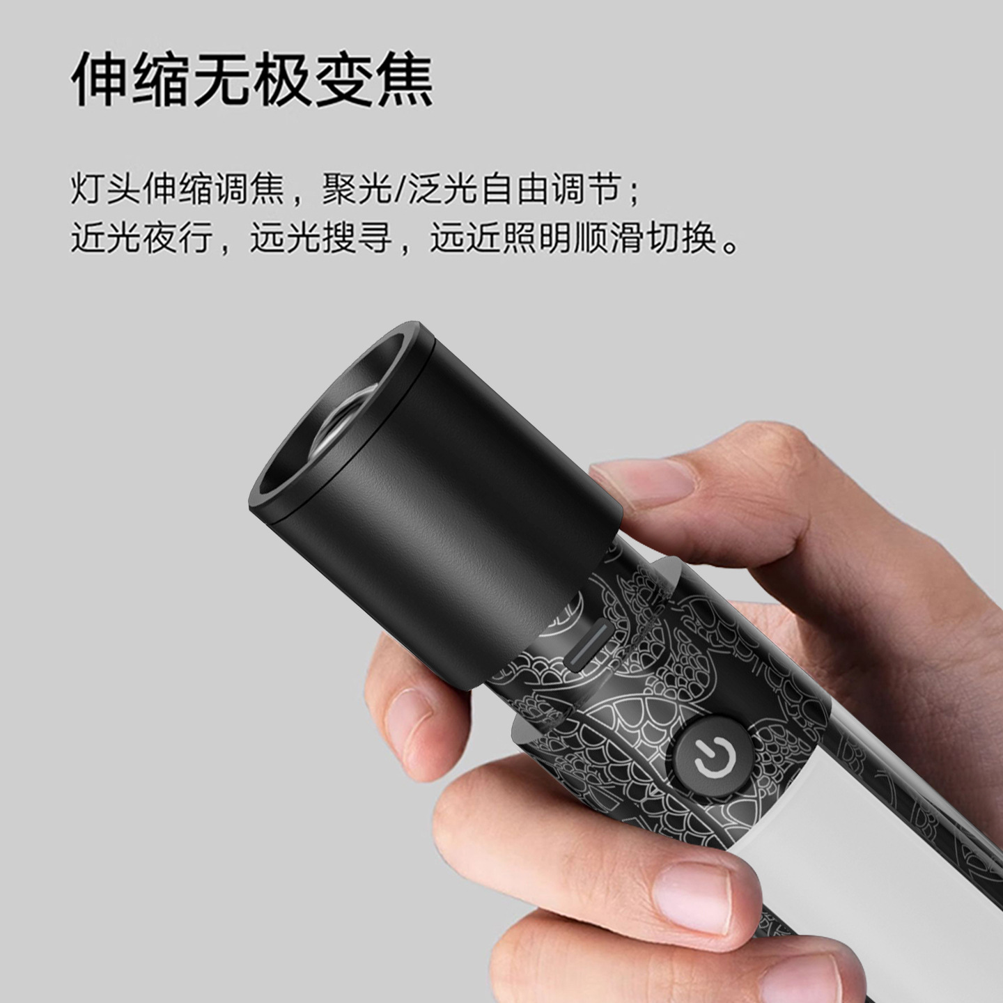 跨境新款户外应急手电筒超亮伸缩变焦led便携多功能自行车骑行灯