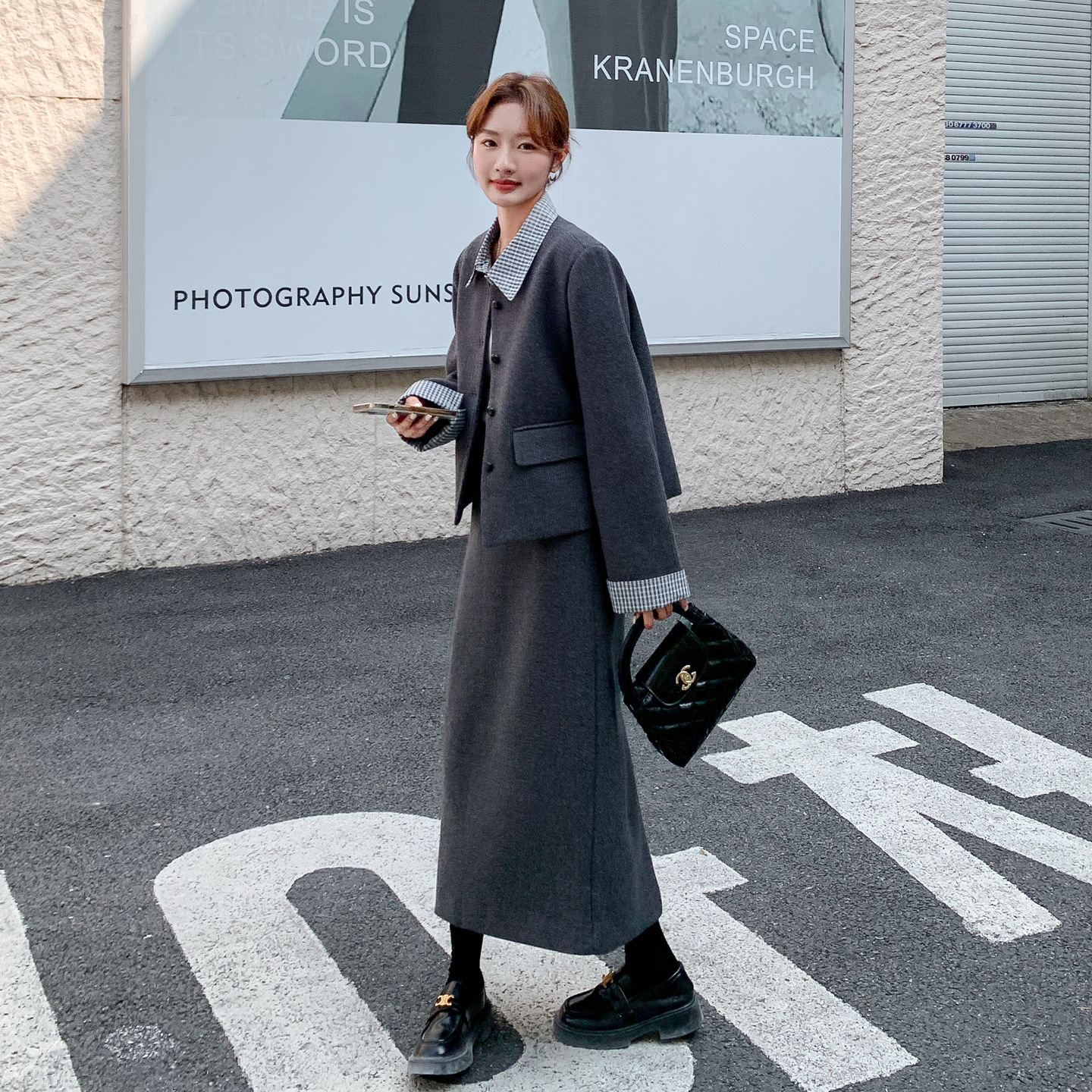 大方得体穿搭一整套2025秋冬新款假两件夹棉毛呢外套半身裙两件套