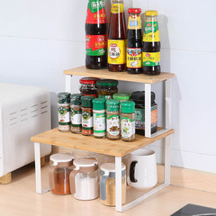 Layered Bamboo Storage Shelf for Kitchen and Bathroom Countertop, Metal Spice Bottle Organizer for Desktop