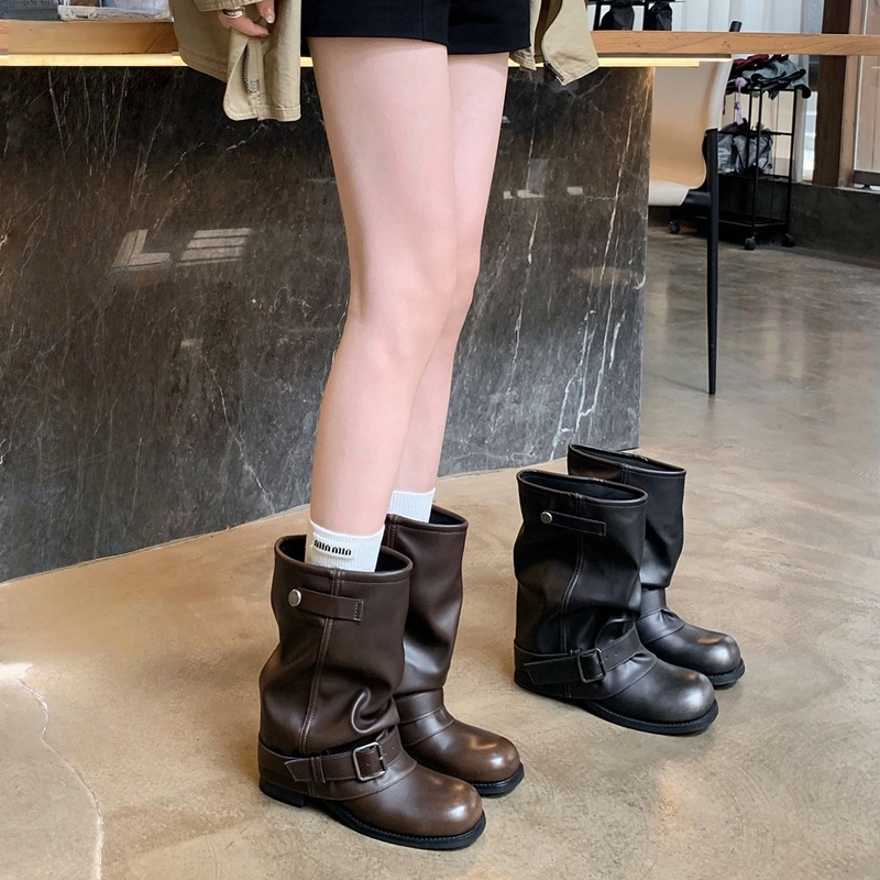Cowhide Version of Grape Mom's Same Style Hot Girl Pants Boots, Fashionable Wasteland Style Pleated Buckle Western Cowboy Boots and Short Boots