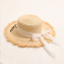 甜美飘带拉菲草平顶遮阳帽女新款字母刺绣草帽海边度假散边沙滩帽