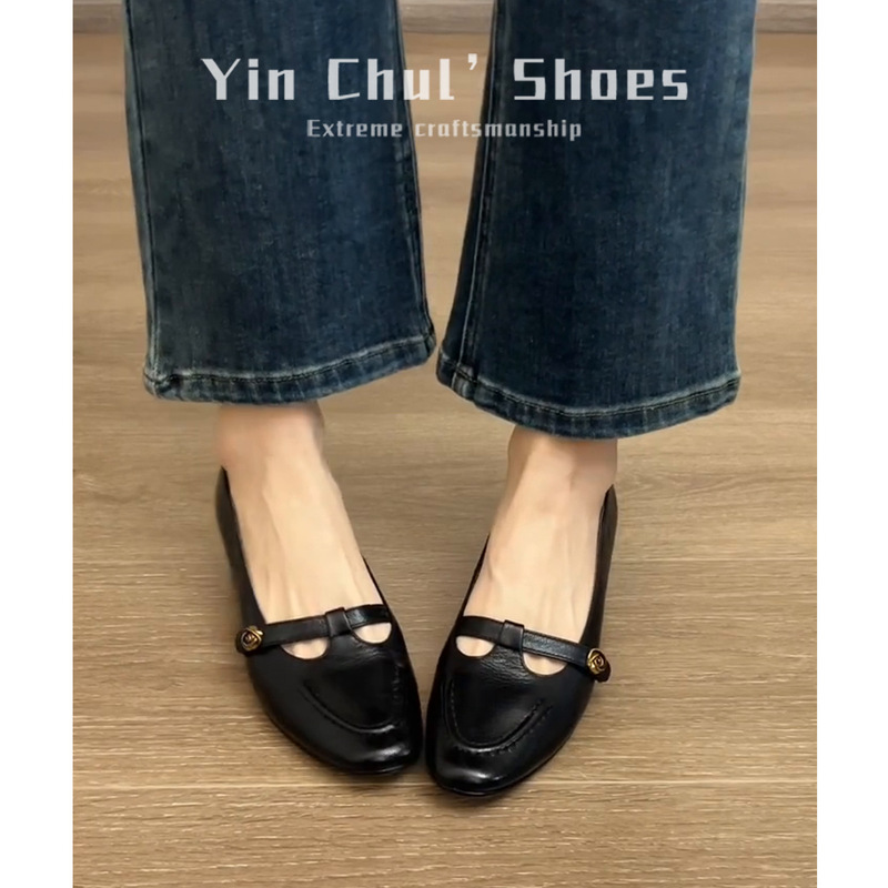 【现货秒发】山茶花丁字扣玛丽珍鞋女法式复古不累脚浅口粗跟单鞋|undefined