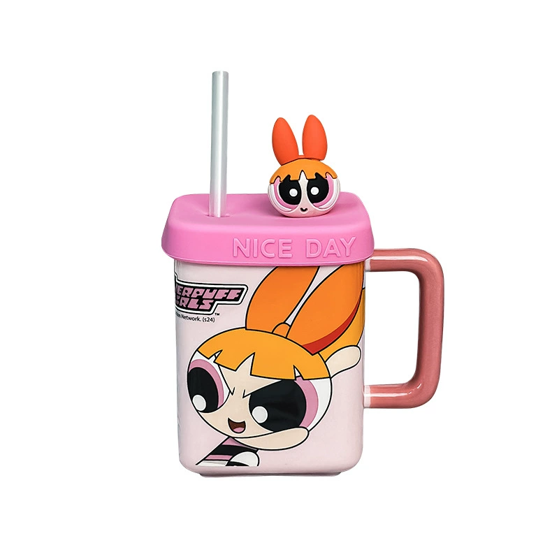 Керамическая кружка Powerpuff Girls 450 мл с крышкой и трубочкой, удобная ручка — подарок