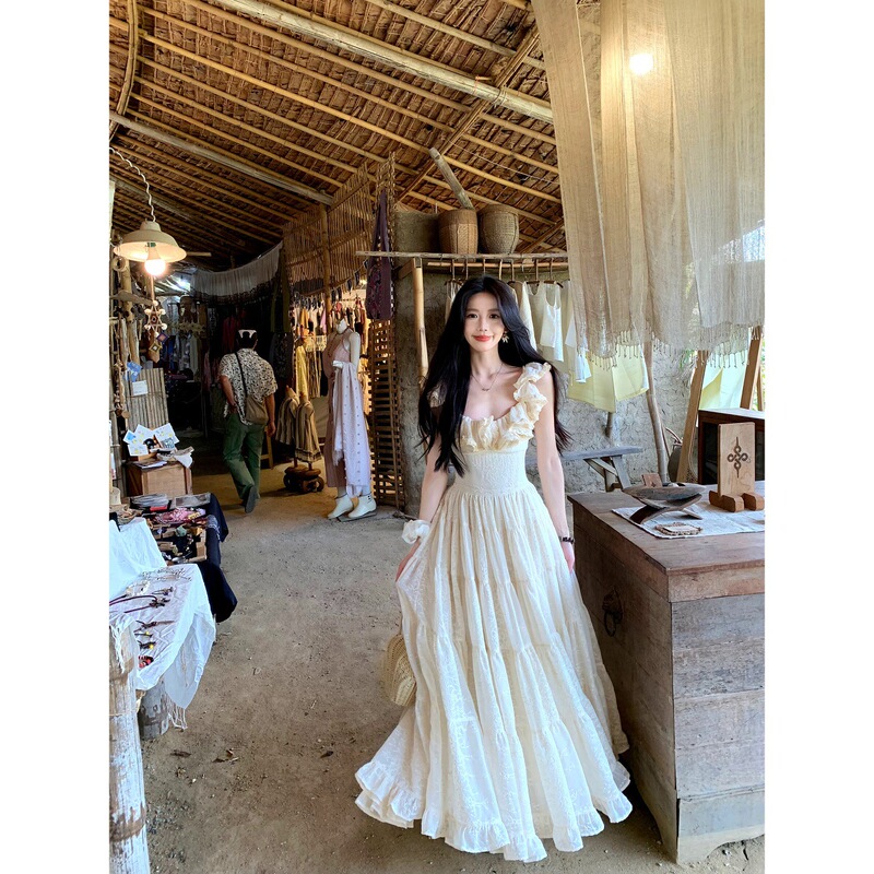 A Sweet Peach-Colored Yikett "Santorini" Heavy-Duty, Extra-Large Skirt Hem, Cinched Waist, Strap Dress for Women, Vacation Dress A Sweet Peach-Colored Yikett "Santorini" Heavy-Duty, Extra-Large Skirt Hem, Cinched Waist, Strap Dress for Women, Vacation Dress