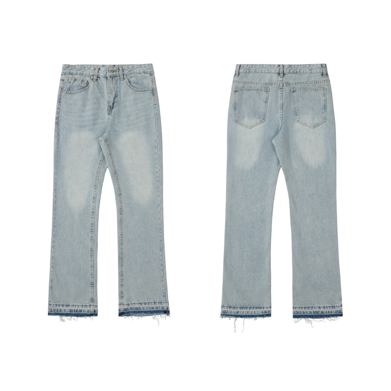 Men's RDT 507 Fit Vintage Washed Distressed Jeans American Cleanfit Blue Fringe Denim Trousers_mkmklike.com