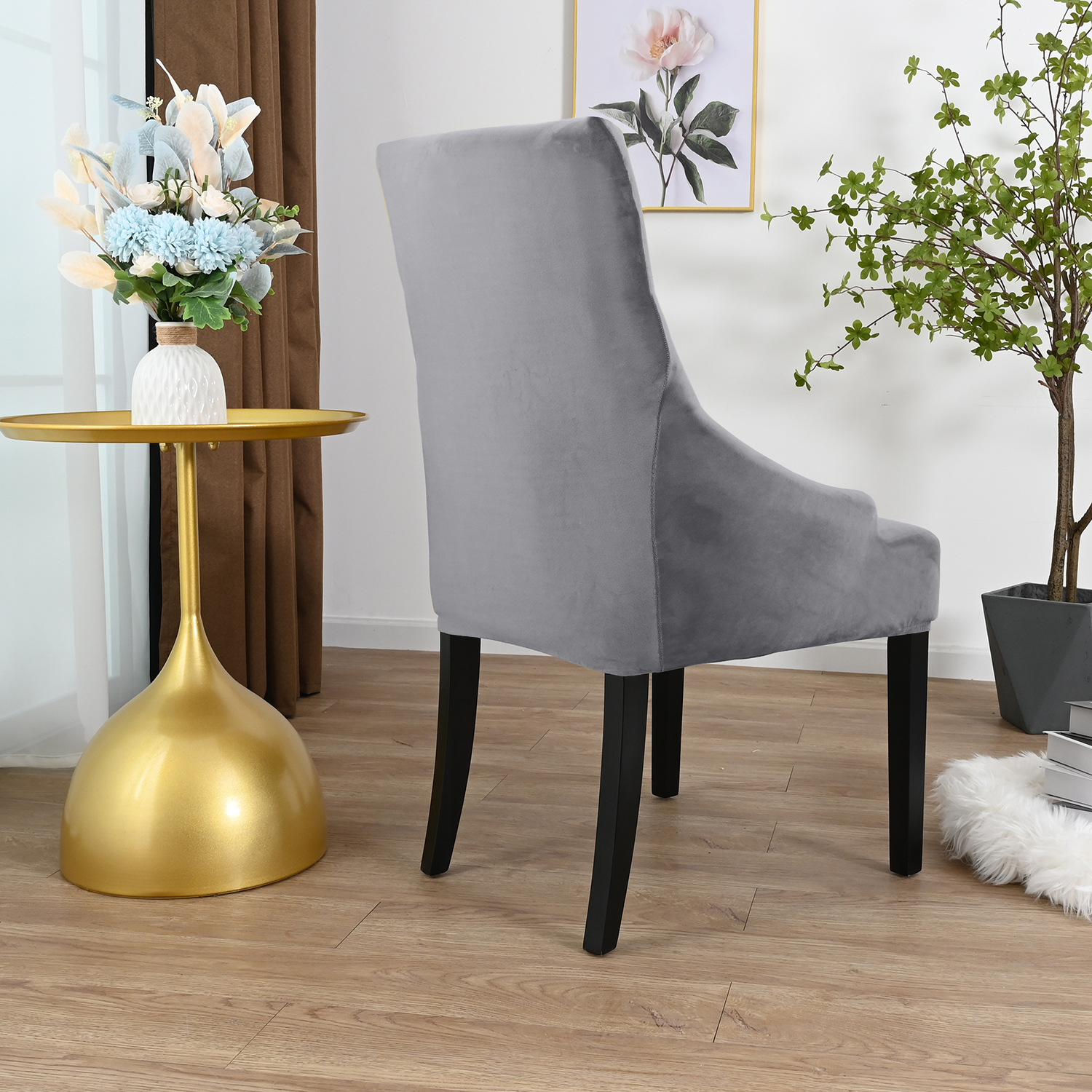 Amazon transfronterizo color sólido elástico plata de lana de fox estilo europeo cubierta de silla de comedor de hotel cubierta de polvo al por mayor