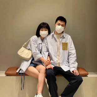 Luo Family Early Spring Couple Blue Striped Shirt Spliced Leather Pocket Loose Trendy Brand Men and Women Cardigan Jacket