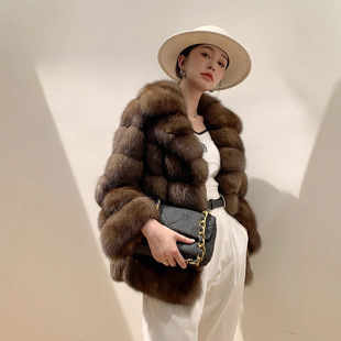 European Version of Accessible Luxury Pure Imported Gypsophila Imitation Sable Outwear 2025 Winter Short Horizontal Row Suit Collar Fur Outwear for Women
