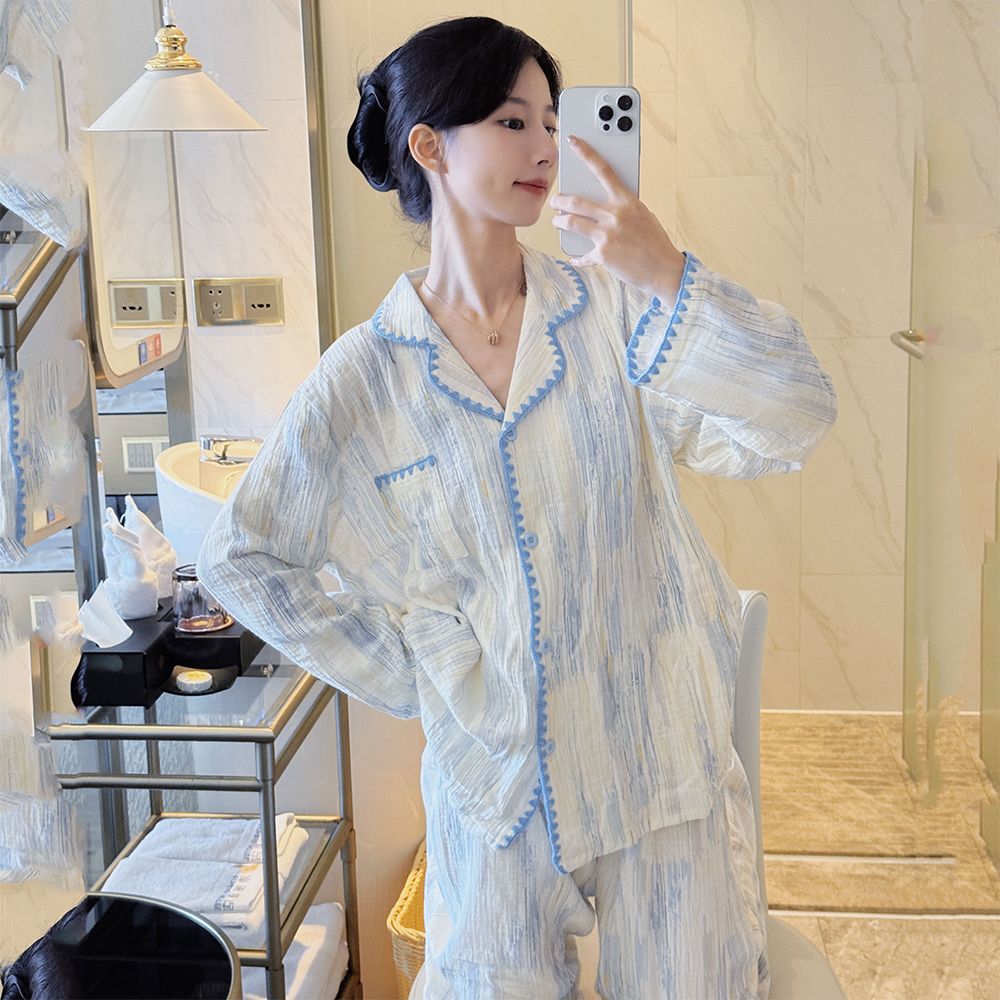 Venta al por mayor transfronteriza celebridades de Internet estilo caliente primavera y otoño nuevo estilo pantalones de manga larga pijamas de algodón que no son para la piel traje fresco de encaje de media luna para mujer