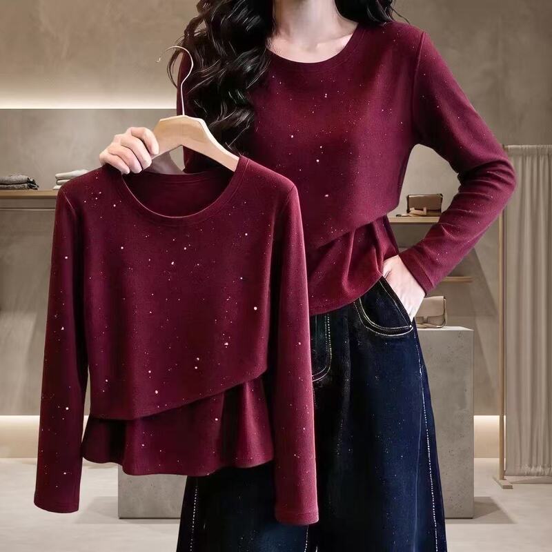 2026 Autumn New Collection: Sequined Starry Sky Two-Piece Style Long-Sleeve T-Shirt for Women, Slim-Fit, Slimming, Stylish, and Versatile Top
