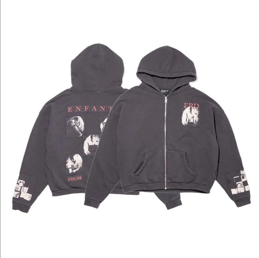 Sweat à capuche zippé vintage avec patch imprimé unisexe_voghion.com