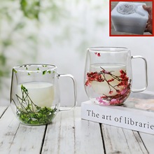跨境珍珠棉双层玻璃干花杯高硼硅耐热咖啡杯家用干花马克玻璃杯