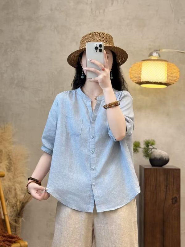リネン半袖ピュアシャツシングルブレストスリムシャツ夏の新しい女性のためのゆったりとした多用途カーディガン|undefined