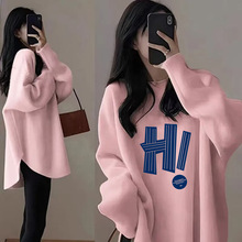 新款秋冬季磨毛德绒加绒加厚款女中长款遮屁股印花打底衫长袖t恤