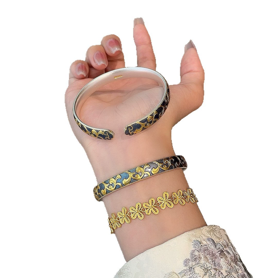 Silver curl wind pure silver 999.9 ancient gold enamel Tang grass pattern solid opening single bracelet wholesale ring