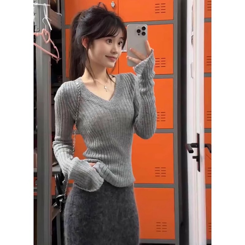 复古慵懒v领内搭长袖针织衫女2025秋灰色修身显瘦毛衣打底衫上衣|undefined