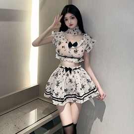 18YX2000欧美2023跨境外贸批发性感可爱蝴蝶结透视女仆制服套装潮