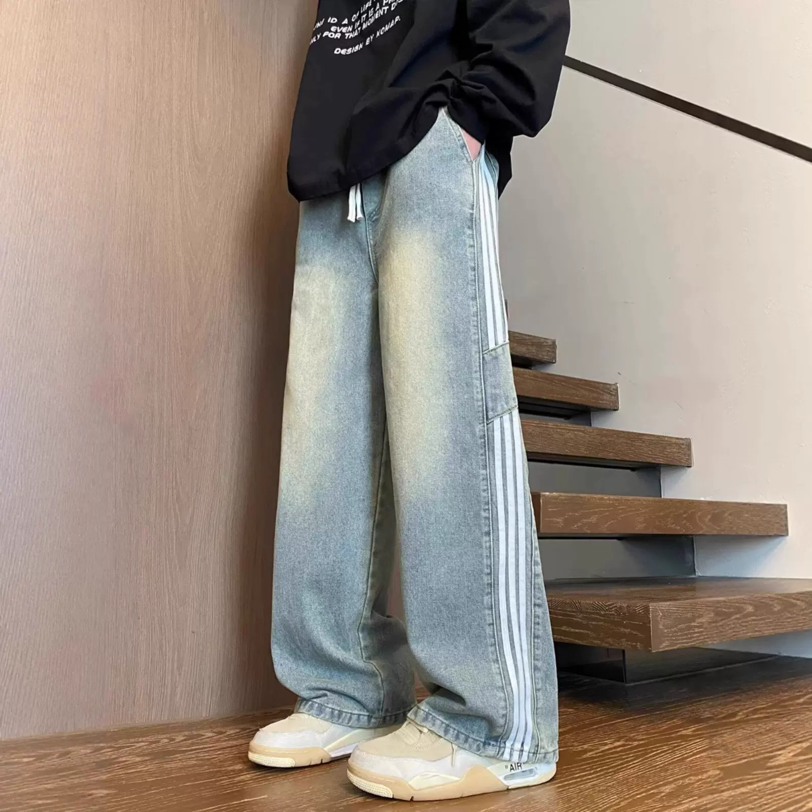 美式复古三条杠牛仔裤男春秋季潮牌高街水洗做旧直筒宽松阔腿长裤