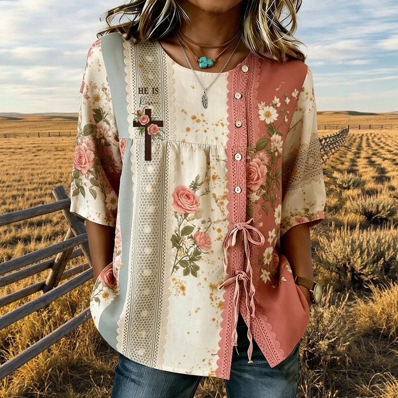 2026 Women's Casual Retro Printed Casual Mid-Sleeve Shirt (5 Buttons) Top Pod
