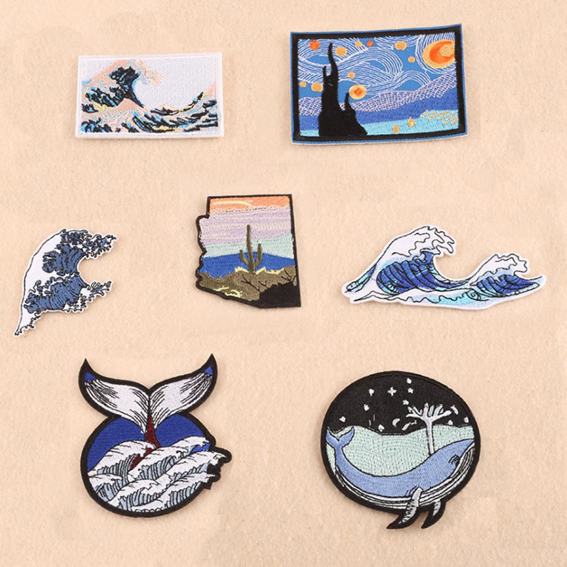 自然海浪布贴图案刺绣衣服破洞补丁大号羽绒牛仔裤子膝盖修补装饰