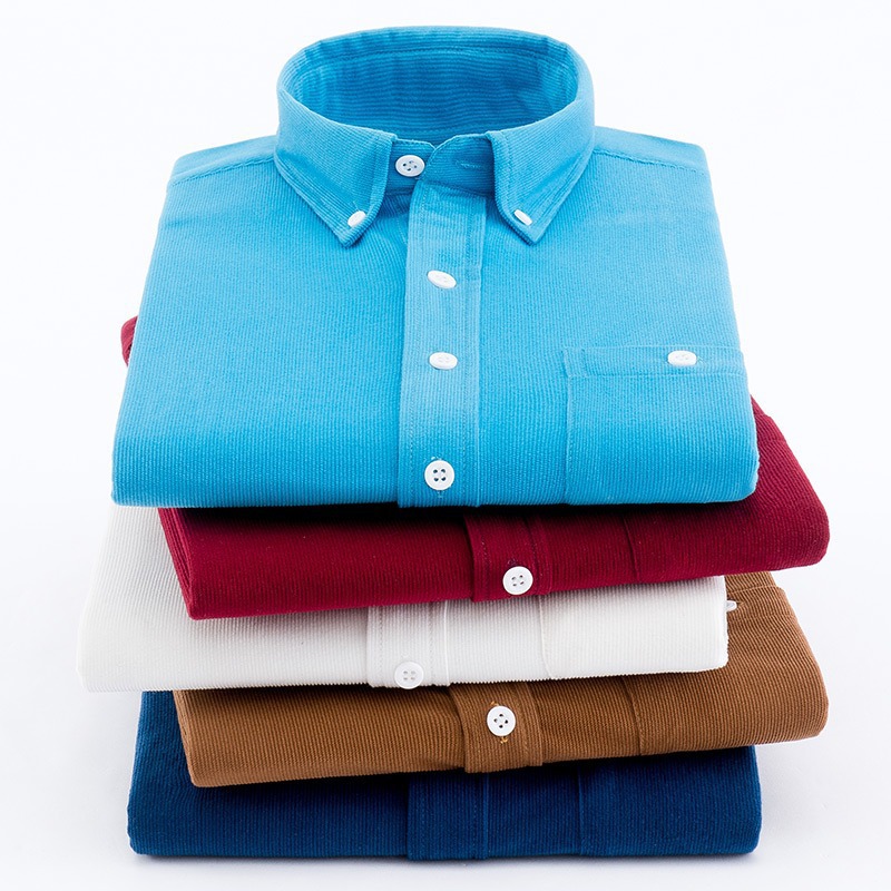 Corduroy solid color pocket button collar business casual shirt men's spring and autumn new style men's long sleeve shirt top