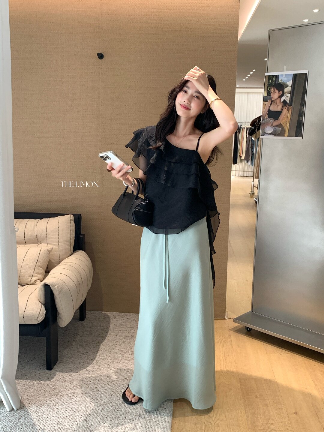 Chân váy chữ A nữ dài mắt cá buộc dây phong cách thư giãn — màu đen, Màu cà phê, xanh lá cây, màu mơ chi tiết 25