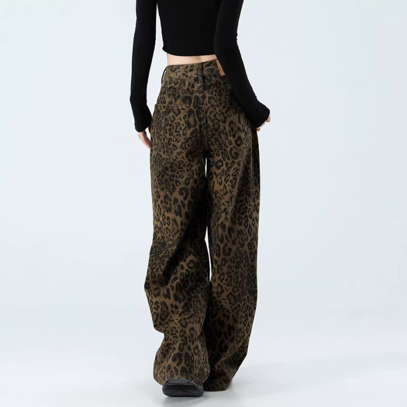American-Style Leopard Print Wide-Leg Loose Jeans for Women, Spring and Summer Straight High-Waisted Denim Straight-Leg Slimming Long Pants for Women