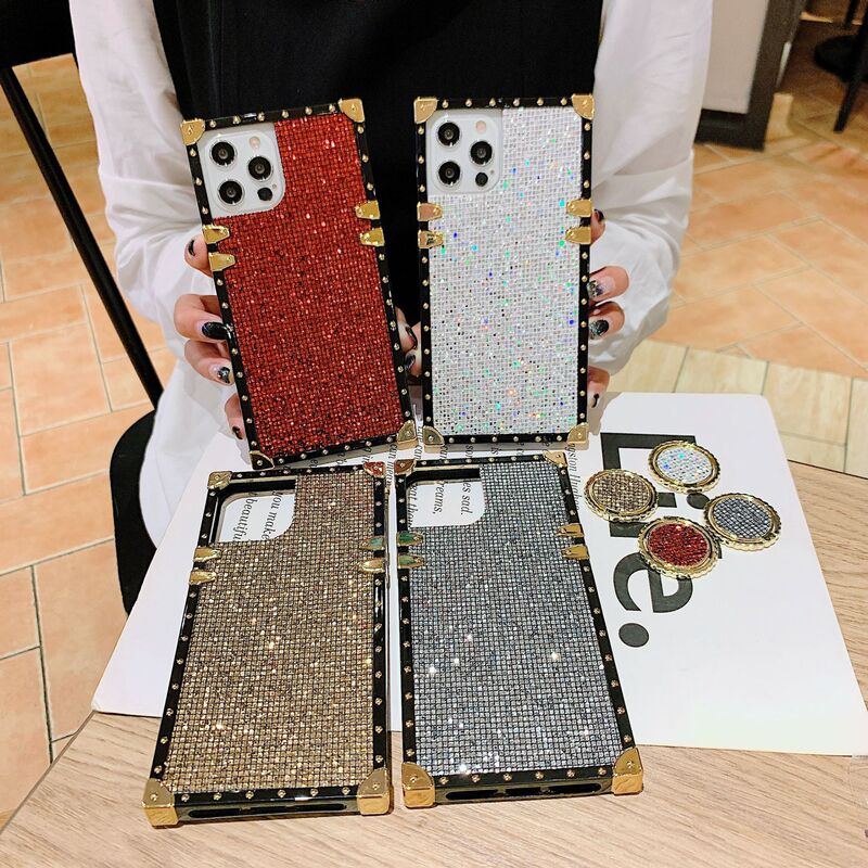 Popular Foreign Trade Product Suitable for iPhone 17 Square-Shaped Glitter Diamond Case, Apple 16, Samsung S25U Glitter Powder Shiny Diamond Anti-Drop Phone Case