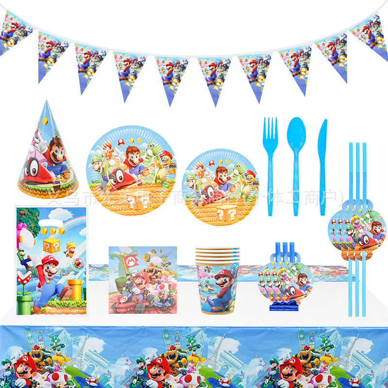 Cross-Border Mario Birthday Party Decoration Flag Disposable Tableware Paper Towels Paper Plates Outdoor Set in Stock