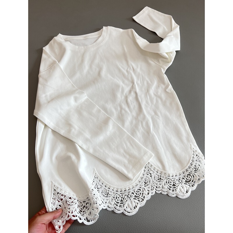 Lace side roar look white long sleeve T-shirt loose crew neck top base shirt spring new casual women's all-match