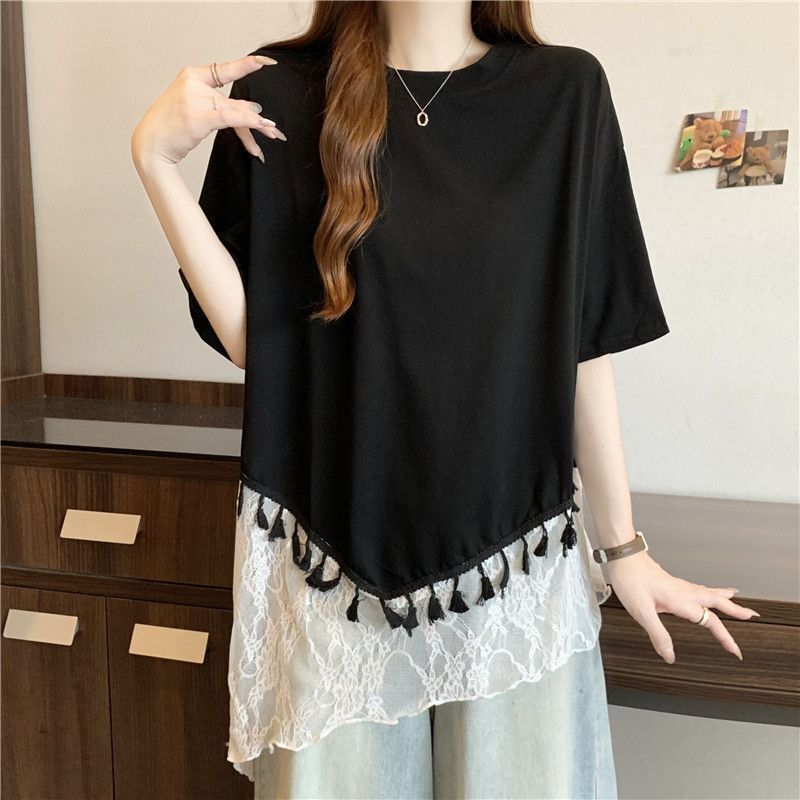 2025 New Summer Design Lace Splicing Tassel Hem Mid-Length Short-Sleeved T-Shirt for Women