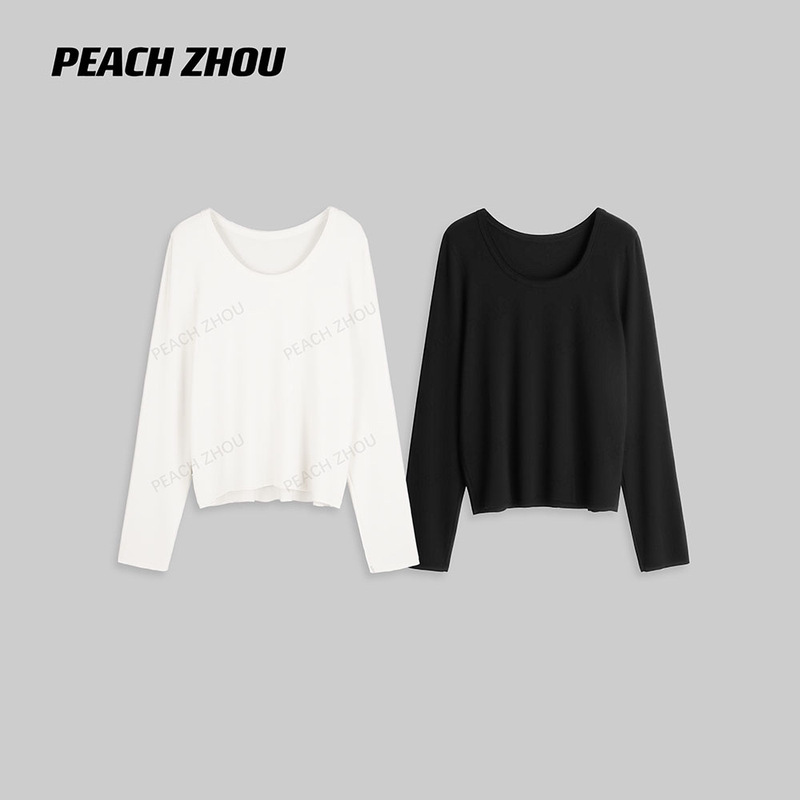 4073 # 『Peachzhou』Mousse Elastic Three-Layer Loose Edge Neckline Loose Basic Wide Round Neck Bottoming T-Shirt
