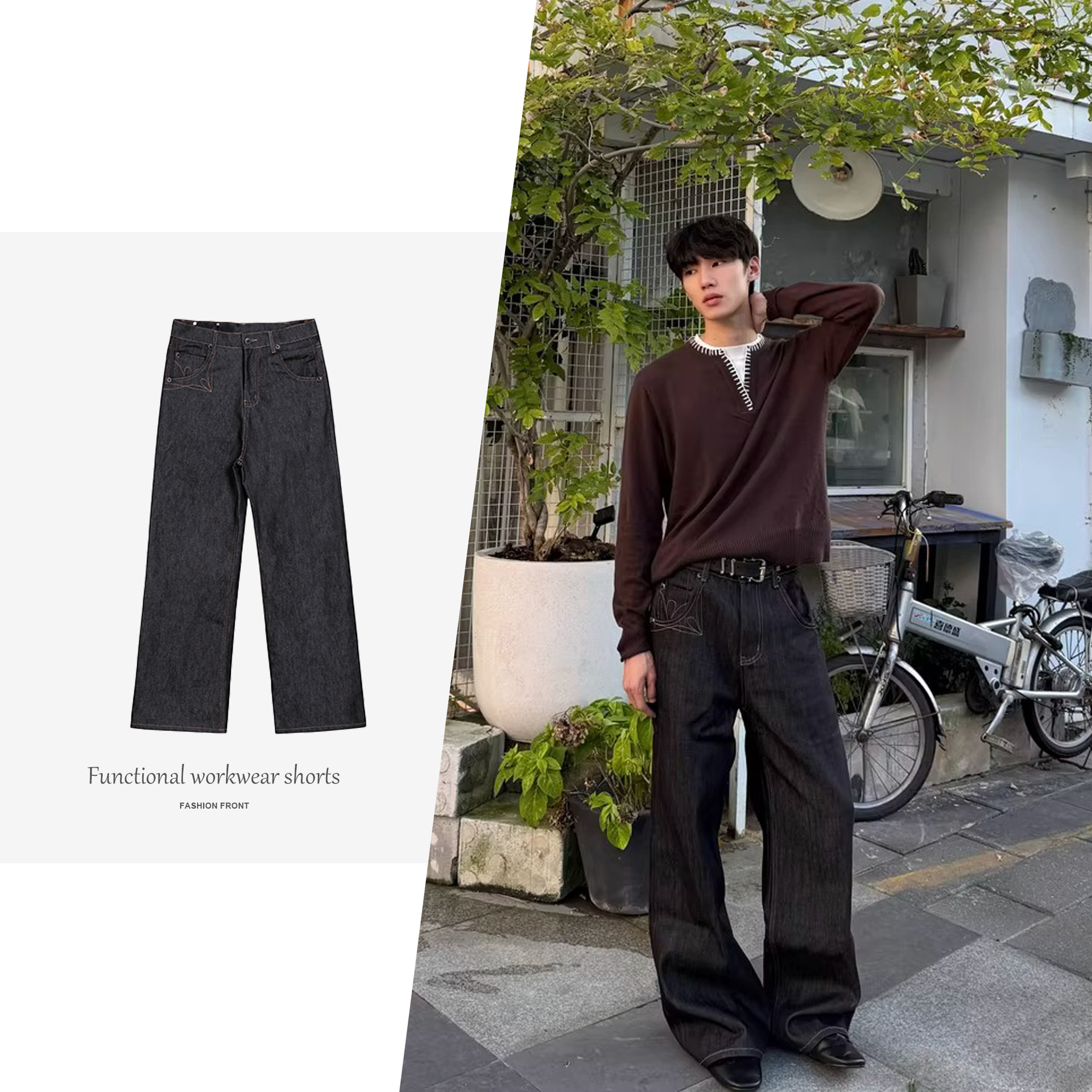 【JMWH】Succinct "Gang" Embroidery 13.5oz Selvedge A-line Loose Straight Tube Original Ox and Horse Hair Leather Tag