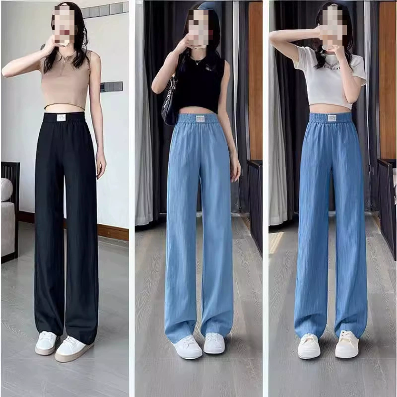 Оптовые широкие брюки из тенсел-денима для женщин на весну, лето и осень, тонкие, с высокой талией, повседневные, прямые, на эластичном поясе, из ледяного шелка