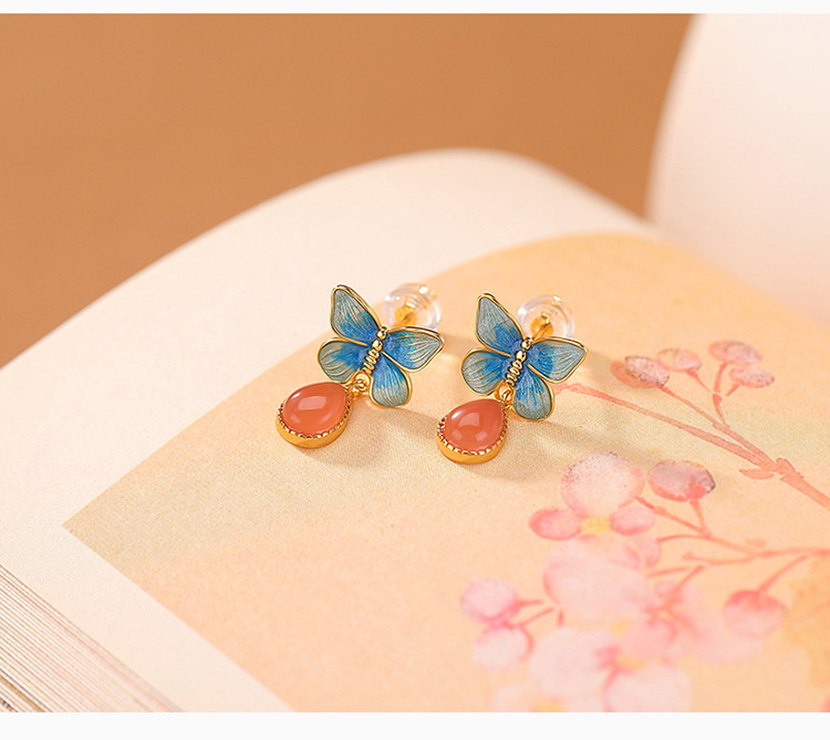 Bông tai Stud bạc S925 mạ vàng đính đá ngọc bích hồng nam mã não hình bướm — Tiền thủy hồng chi tiết 4