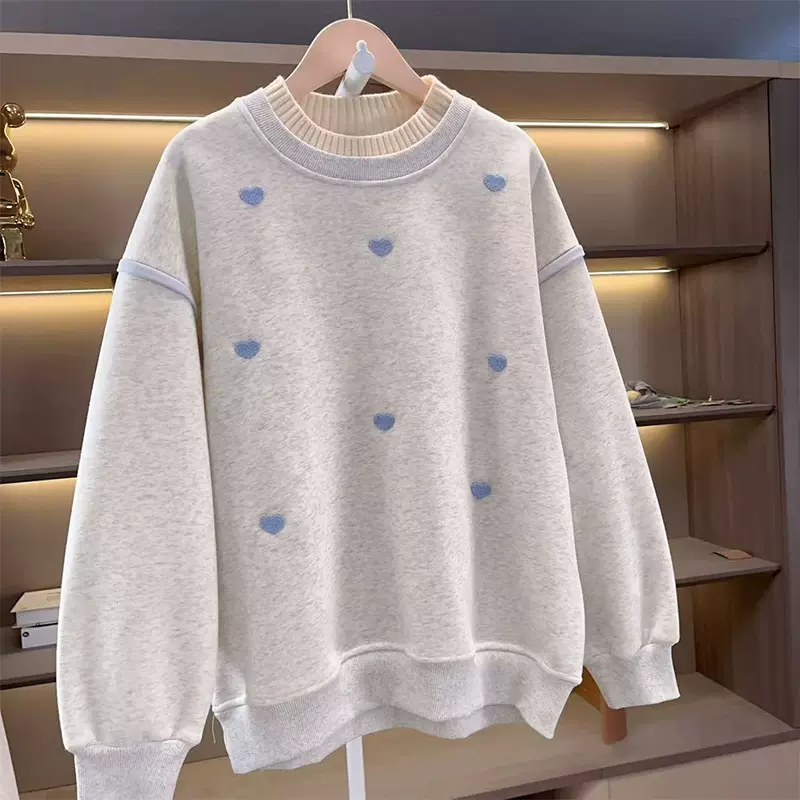 时尚小清新秋冬季加绒加厚刺绣卫衣女休闲宽松独特别致保暖上衣