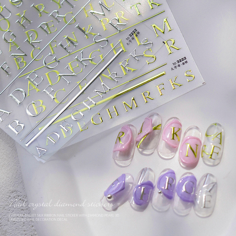 Pegatinas para uñas, nuevas y modernas, letras francesas en relieve, lámina dorada en relieve, pegatinas huecas para decoración de uñas, estilo fresco y de alta gama