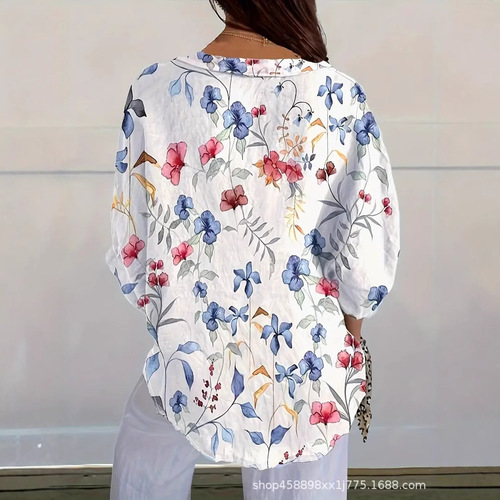 European and American fashionable bright color floral print casual vacation long-sleeved shirt tropical flowers